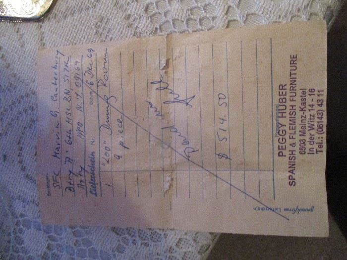 Original receipt from purchase of the German breakfront and sideboard