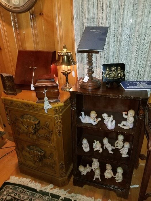 Vintage all wood bookshelf with bisque piano baby figurines, 1 of 2 all wood filing cabinets, 