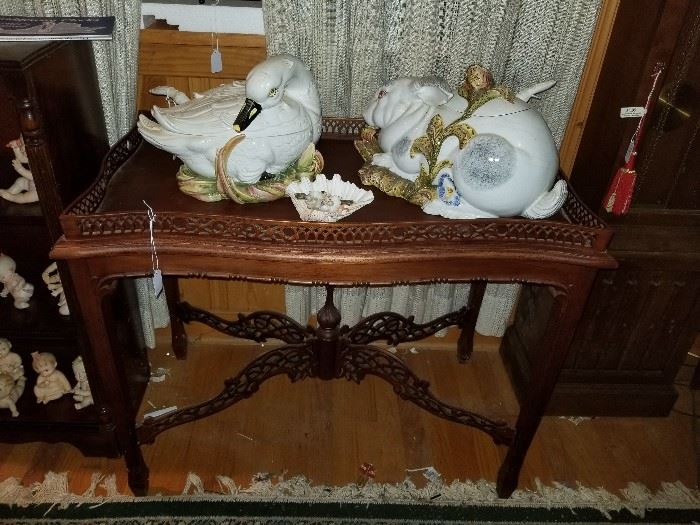 Rabbit and Swan tureen, wood console table