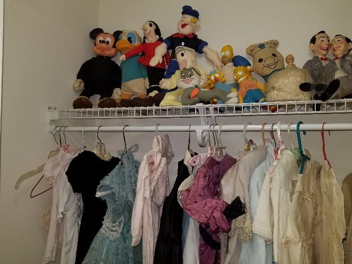 vintage and antique doll and children's clothing, stuffed toys including Donald Duck, Mickey Mouse, Popeye and Olive Oil, Homer and Bart Simpson, Pee Wee Herman