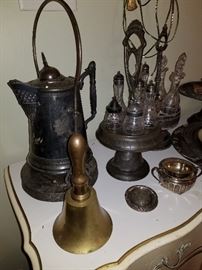 Victorian large pitcher, brass bell, cruet sets
