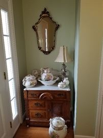 antique washstand with full jug and bowl wash set
