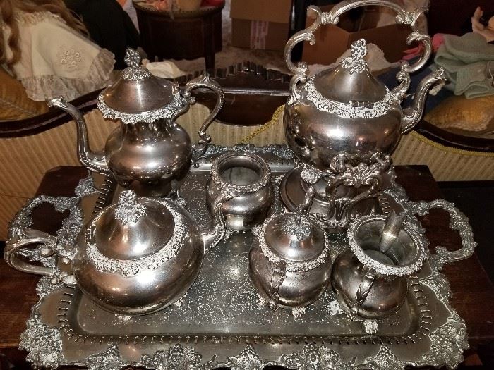 silverplate tea service and tray