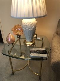 Glass top brass base table, Lenox Iris lamp, Art glass