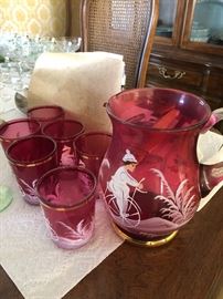 Hand painted Vintage Mary Gregory hand painted cranberry glass pitcher with 6 glasses