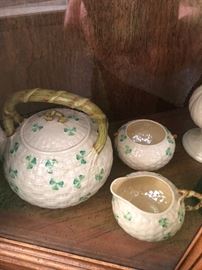 BELLEEK Basket Weave SHAMROCK TEA POT WITH SUGAR AND CREAMER 
