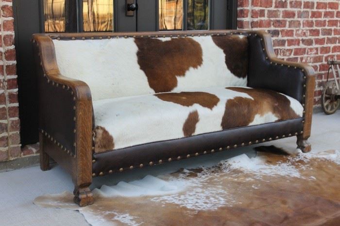 Antique American Empire Brazilian Cowhide and Leather Sofa