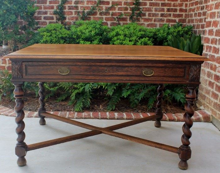 Antique English Oak Barley Twist Writing Desk or Table with Drawer
