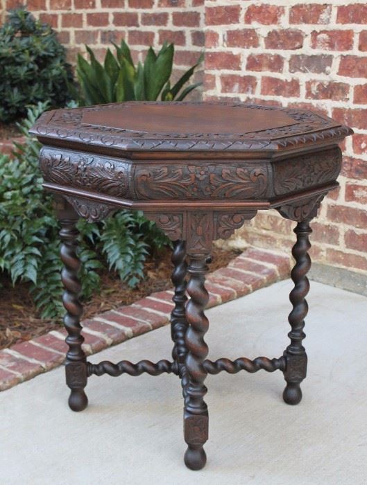 Antique French Oak Renaissance Revival Barley Twist Octagonal Table