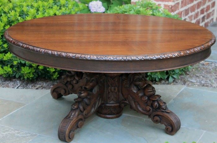 Antique French Oak Black Forest Hunt Coffee Table with Dog Pedestal