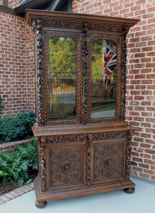 Large Black Forest Hunt Gothic Jacobean Cabinet or Bookcase with Lion Accents