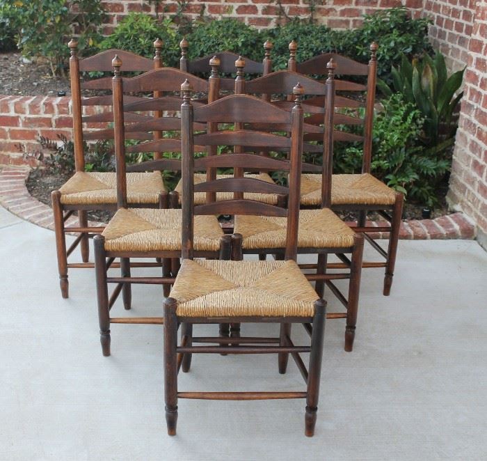 Antique French Oak Farmhouse Ladder Back Chairs with Rush Seats (Set of 6)