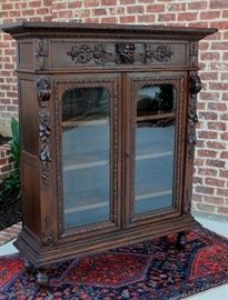Antique Oak Gothic Renaissance Revival Double Door Bookcase