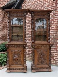PAIR Antique French Oak Black Forest Hunt Cabinets Bookcases 