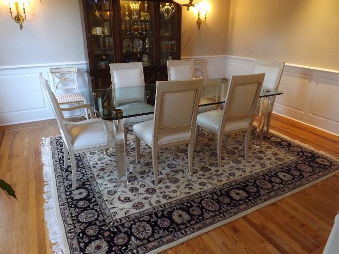 Pace Collection Leon Rosen Glass Top Table with Lucite legs. Persian 8x10 Rug. Leather Chairs sold separately.