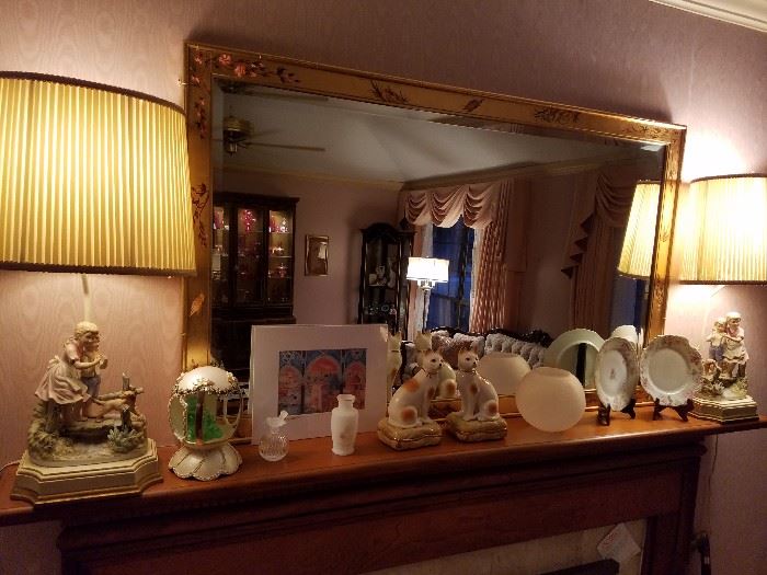 Labarge chinoiserie beveled mirror hand painted by Dee Wingard, porcelain vintage lamps