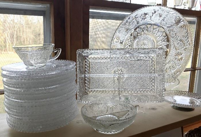 Sandwich glass by Duncan Miller. Lots of serving pieces including a beautiful cake stand.  Also, sets of juice glasses, ice tea glasses, ice cream glasses, etc.