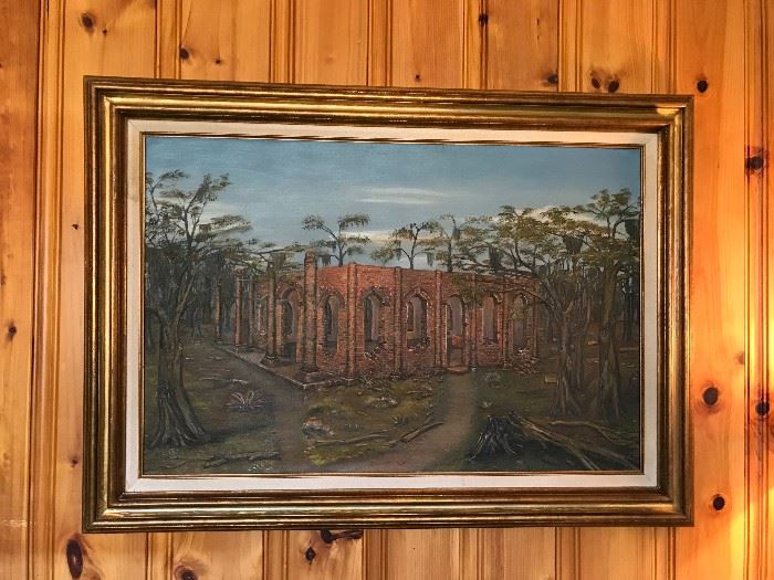 Original painting by R. Pyatt. Believed to be the ruins of the Old Sheldon Church located in Yemassee, SC.  One of the first examples of Greek Revival architecture in the U.S. built in the mid 1700's.
