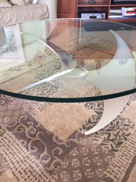 Cool coffee table w/ steel base and thick glass top