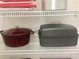 Sur La Table enamel coated cast iron stock pot, Calphalon roasting pan with rack and lid