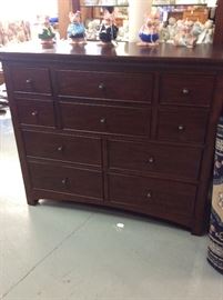 Beautiful bedroom set featuring a 10 Drawer Chest. Highboy Chest, Queen size Headboard/Footboard Mission Style full Size bed. Icomfort box springs and mattress. Can be purchased as a set or individually.