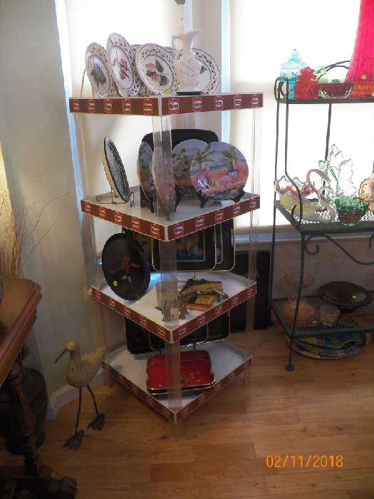 Italian painted plates, Hires rootbeer shelf, vintage trays