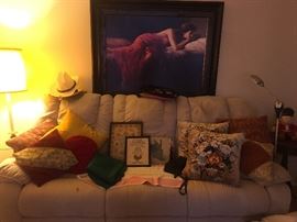 Couch with recliners
Hats, Picture and floor lamp with glass top