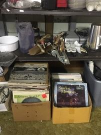 Records in English and German, painting supplies, kitchen tools 