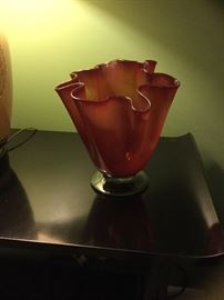 Red ruffled hand-blown vase with pontil