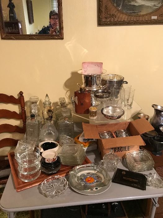 Vintage Barware, Decanters, ice buckets, ash trays, silverplate