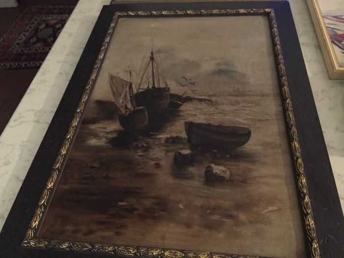 Oil painting of beached boats with muted ship in background.