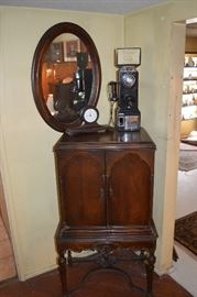 Entry, vintage coin operated phone, with key, one of many floor model radios