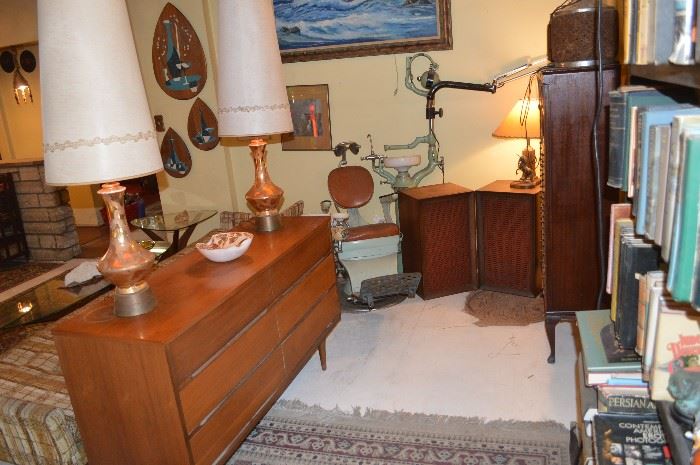 Piano Room  MCM Dresser, lamps, dentist chair, vintage speakers