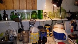 Assorted kitchen and green glass