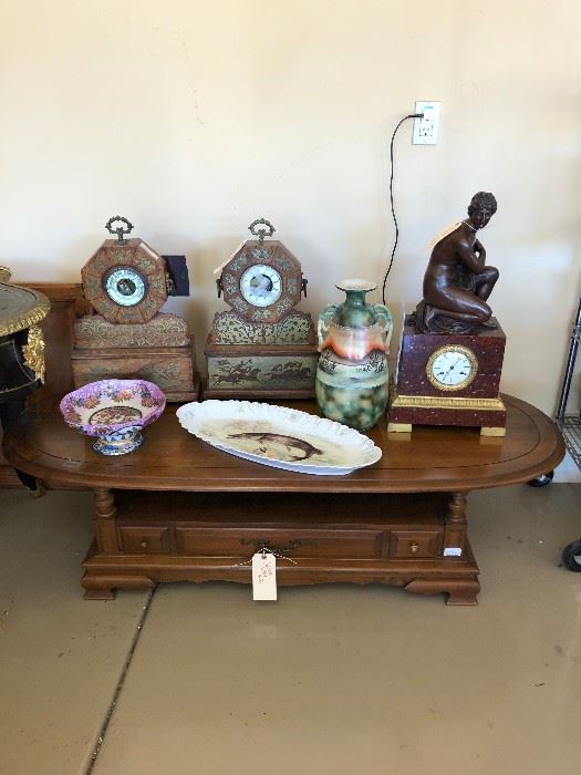 Vintage metal inlay clocks and barometer, gorgeous bronze nude clock, Limoges fish plate - 