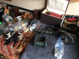 Cannons and toys vintage and vintage games, wonerful old jewelry boxes