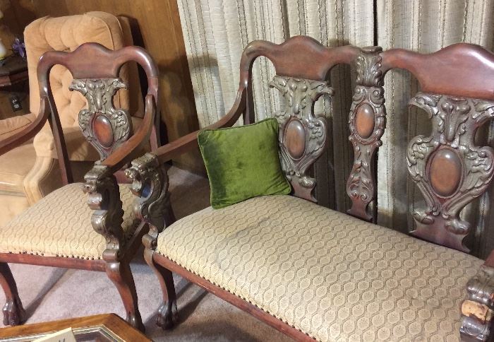Victorian carved wood settee and chair