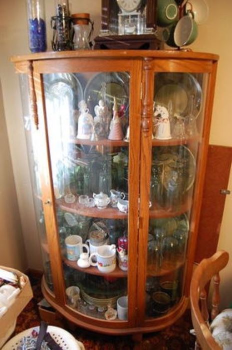 Antique Curved Glass Oak Curio Cabinet
