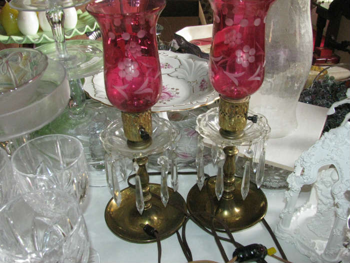 Cranberry Parlor or Bedroom Lamps w/prisms
