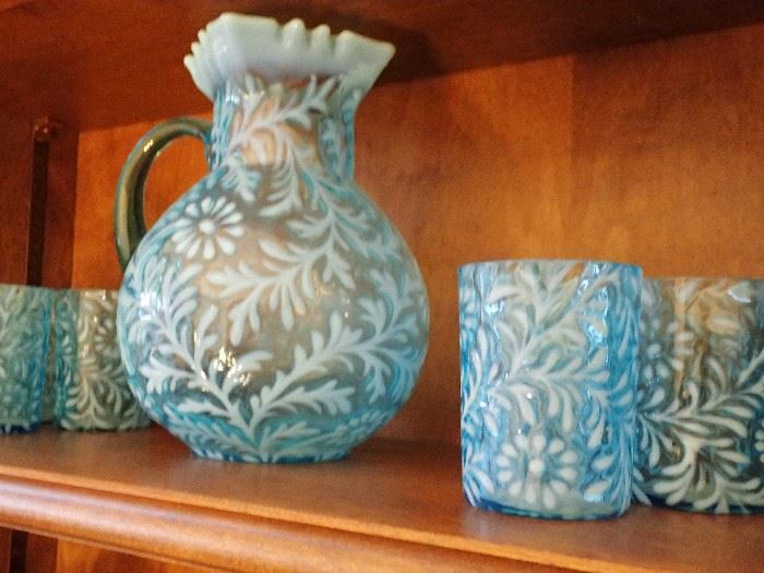 Fenton Aqua Blue Opalescent Daisy and Fern Pitcher and glasses