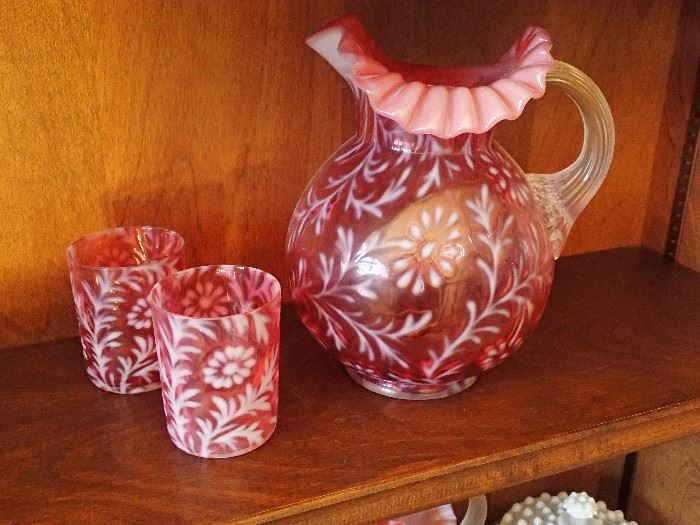 Antique Fenton Daisy and Fern Cranberry Opalescent Pitcher& glasses