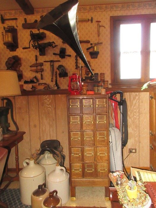 Great house filled with fabulous items. Victrolas, crocks , Oak card file, antique tools