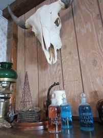 Antique medicine bottles and skull