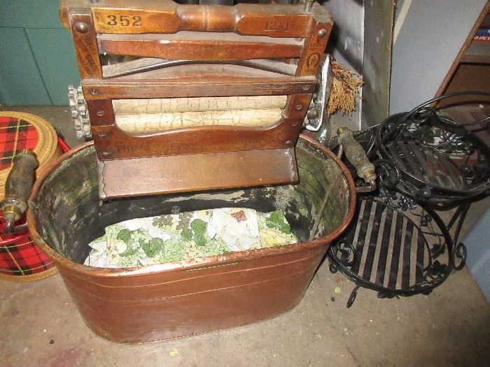 Copper tub with vintage wringer 