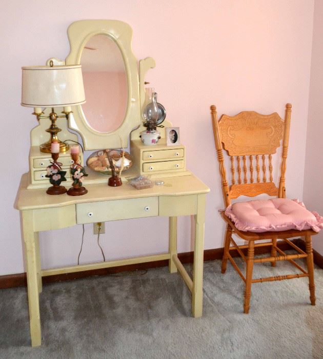 Vanity table; pressed back oak chair