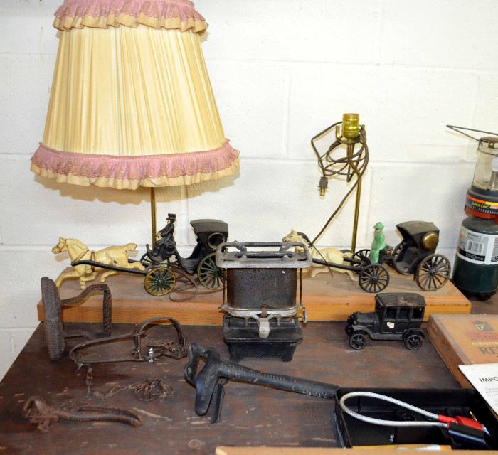 cast iron toy lamps; sad iron; antique toaster; cast iron freezer latch