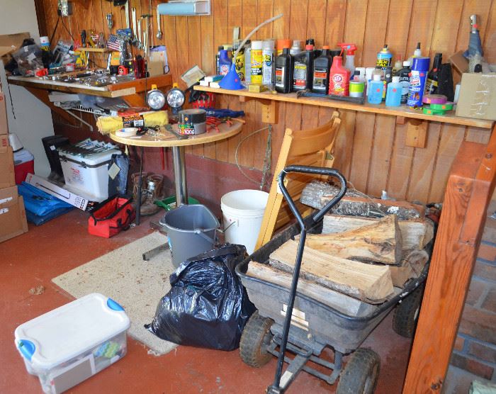 Craftsman hand tools, wood cart, carwash supplies, and more