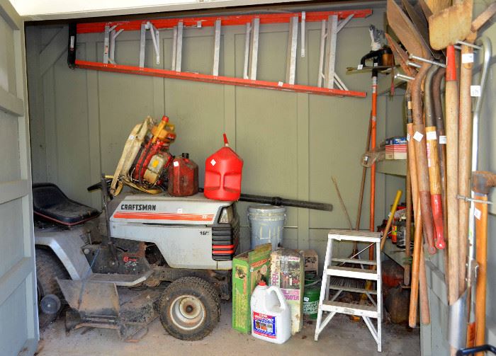Craftsman 18 hp riding mower; ladders; tools!