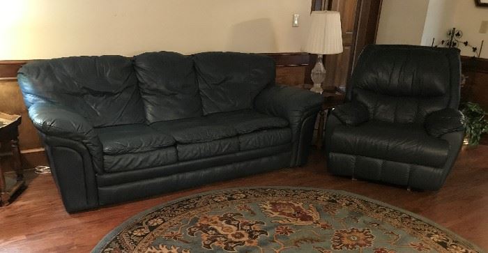 Dark Grayish Blue Leather Sofa and Recliner