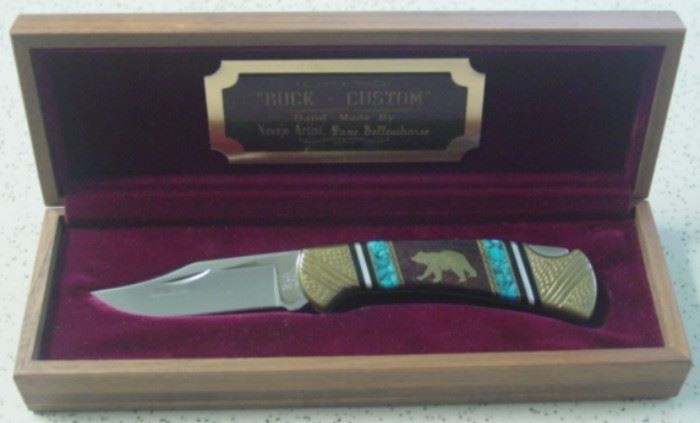 Buck Custom Lock Blade Knife Hand Made By Navajo Artist Dave Yellowhorse - Mint Condition